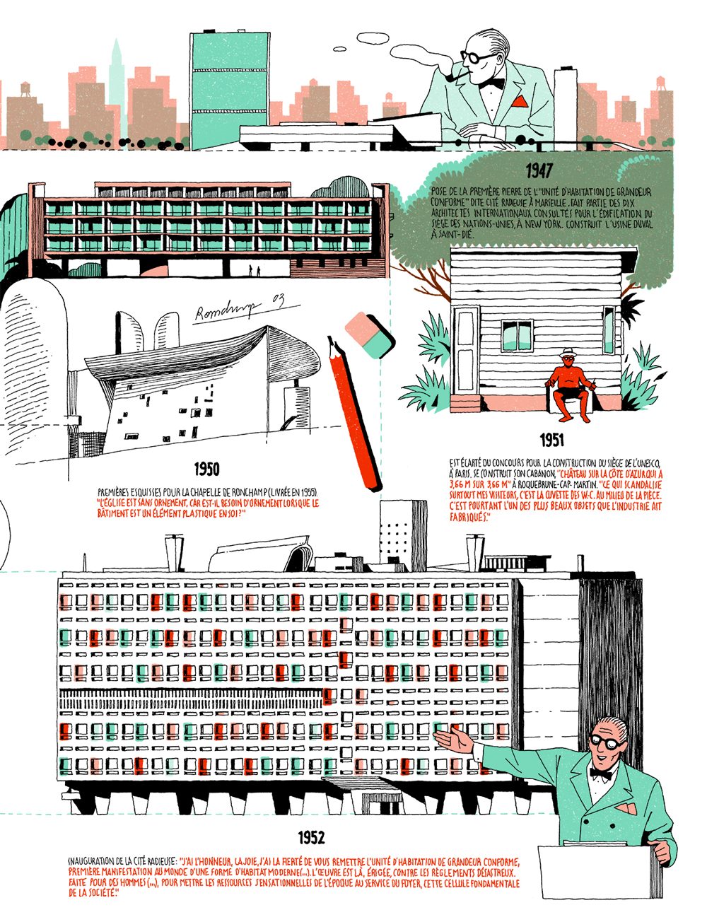 infografías ilustradas de Le Corbusier para el magazine cultural francés Télérama