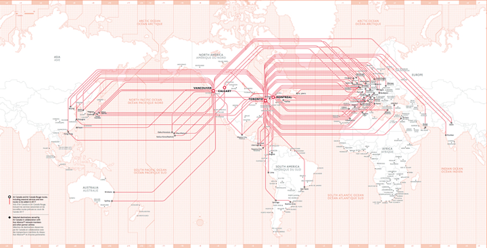 Diseño del mapa con todas las rutas que cubre Air Canada en el mundo