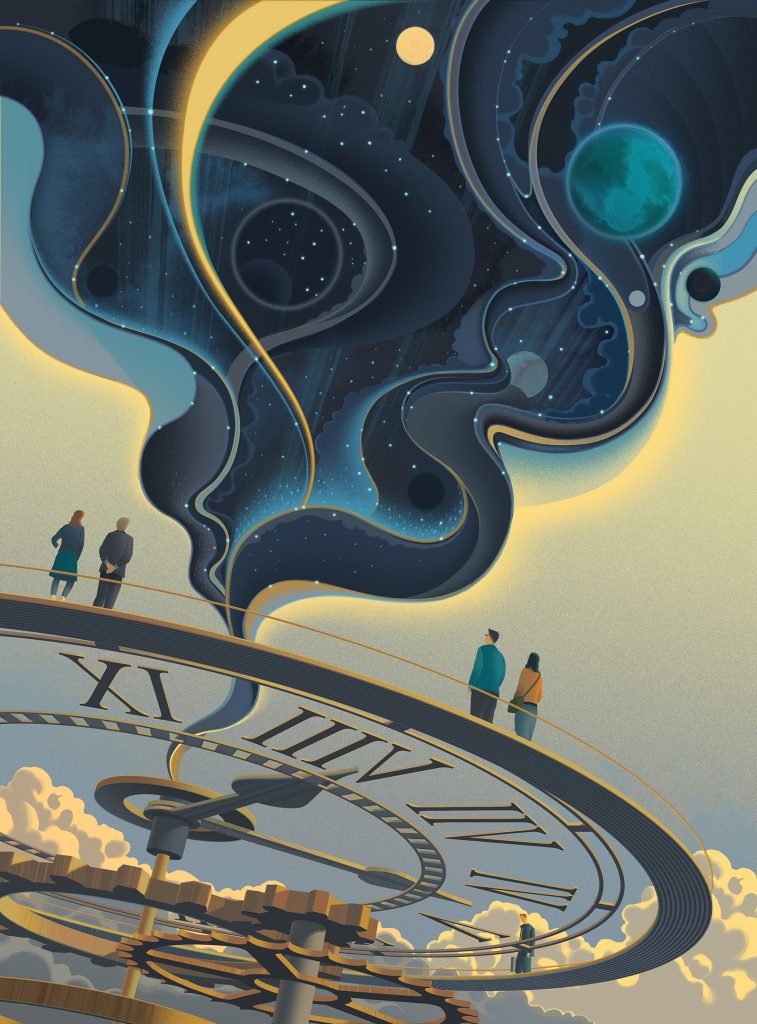 Ilustracion del set The Universe Fabric de Sam Chivers sobre la teoria de la relatividad de Einstein para el Día Mundial de la Ciencia para la Paz y el Desarrollo