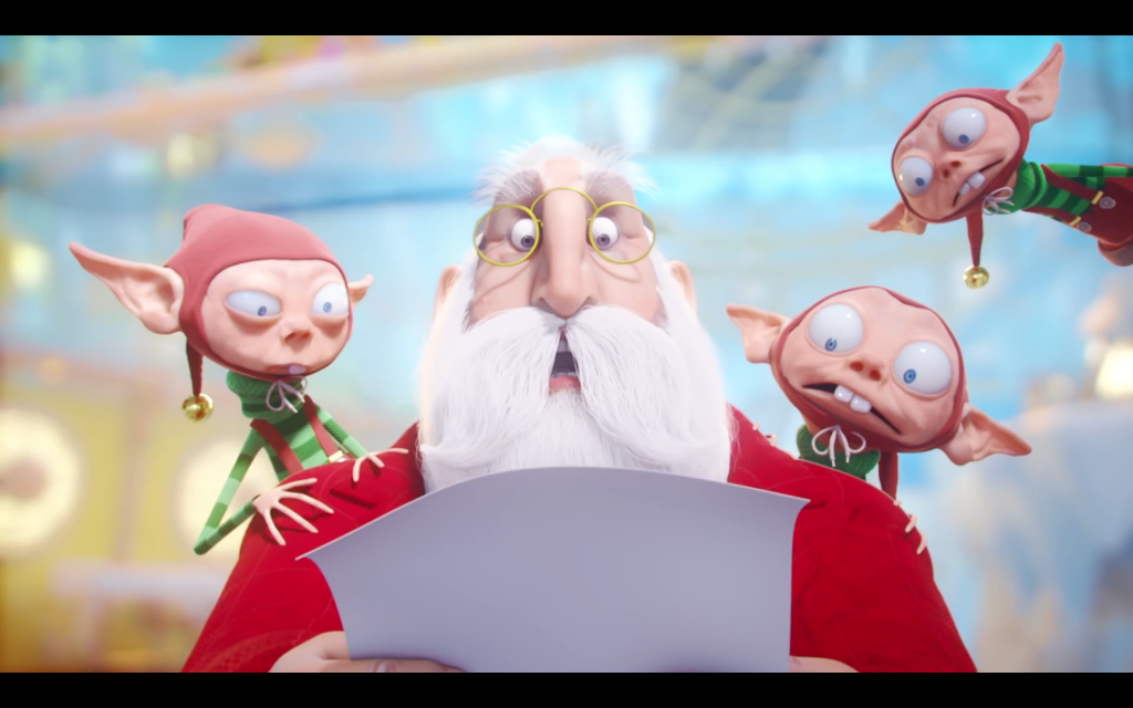 Santa Claus y sus elfos viendo la carta incomprensible del anuncio de Manor